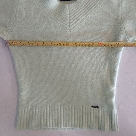 Y2K angora nylon blend fitted Medium V neck sweater top light apple green - Picture 14 of 15